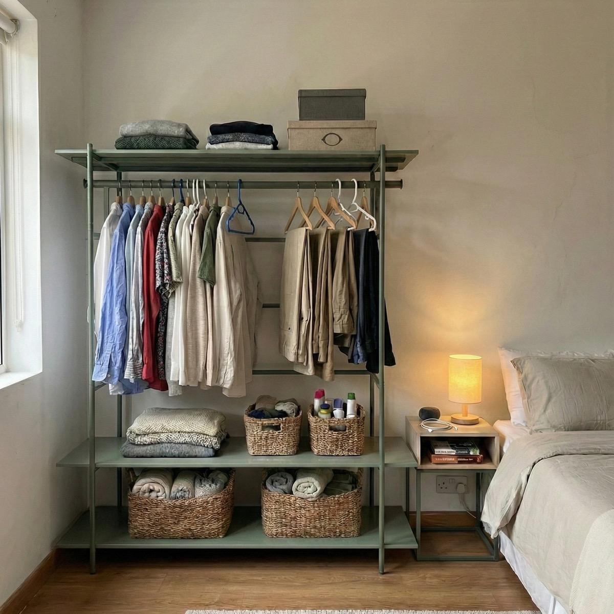 A sage green open wardrobe beside a bedroom window: folded jumpers and two storage boxes on the top shelf, shirts and trousers on a rail below it, and folded blankets and woven baskets on the two shelves at the bottom.