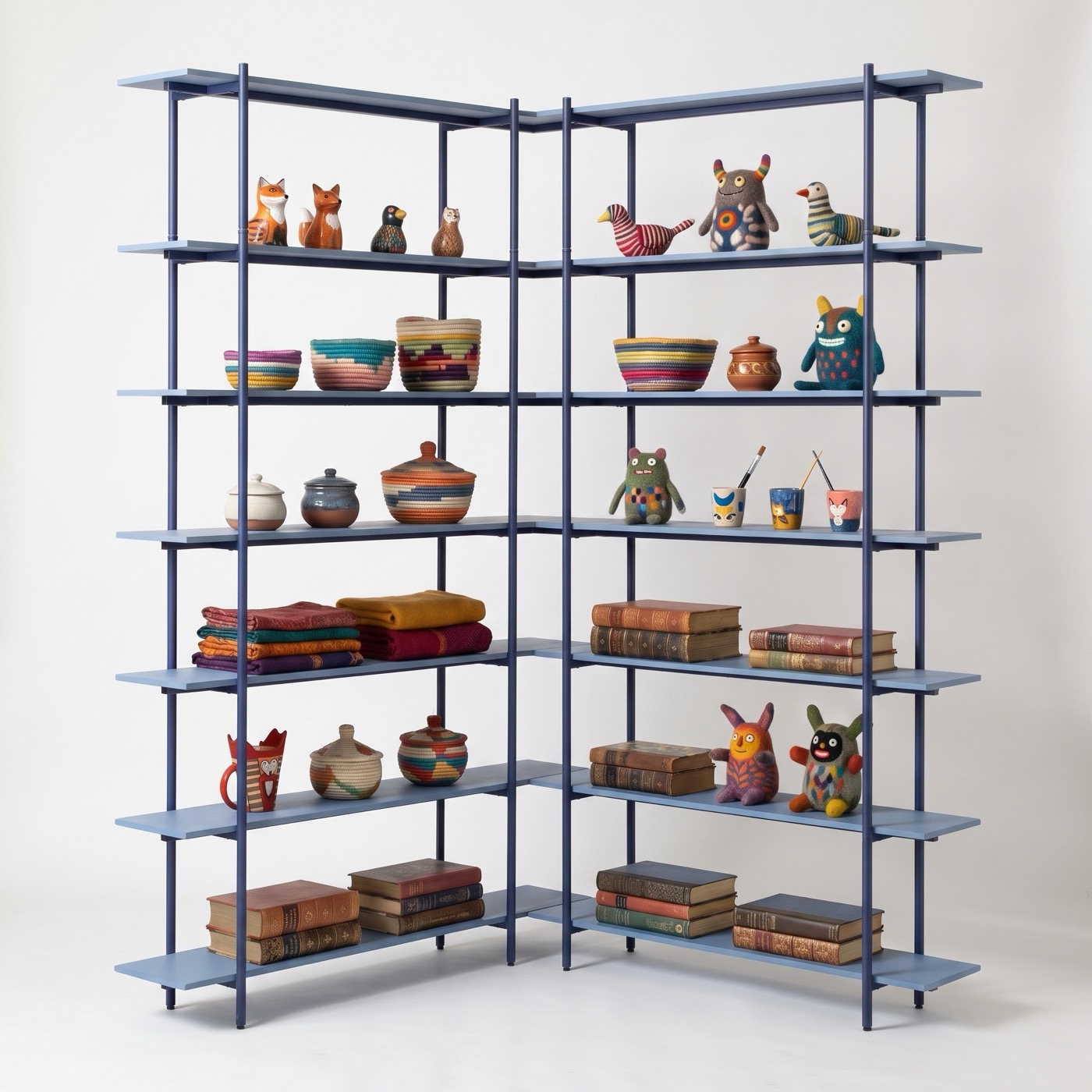 A tall corner shelf in marine blue steel with pale blue boards, seven shelves on each wall, holding old hardback books, folded blankets, woven baskets, lidded pots and colorful carved and felt animals.