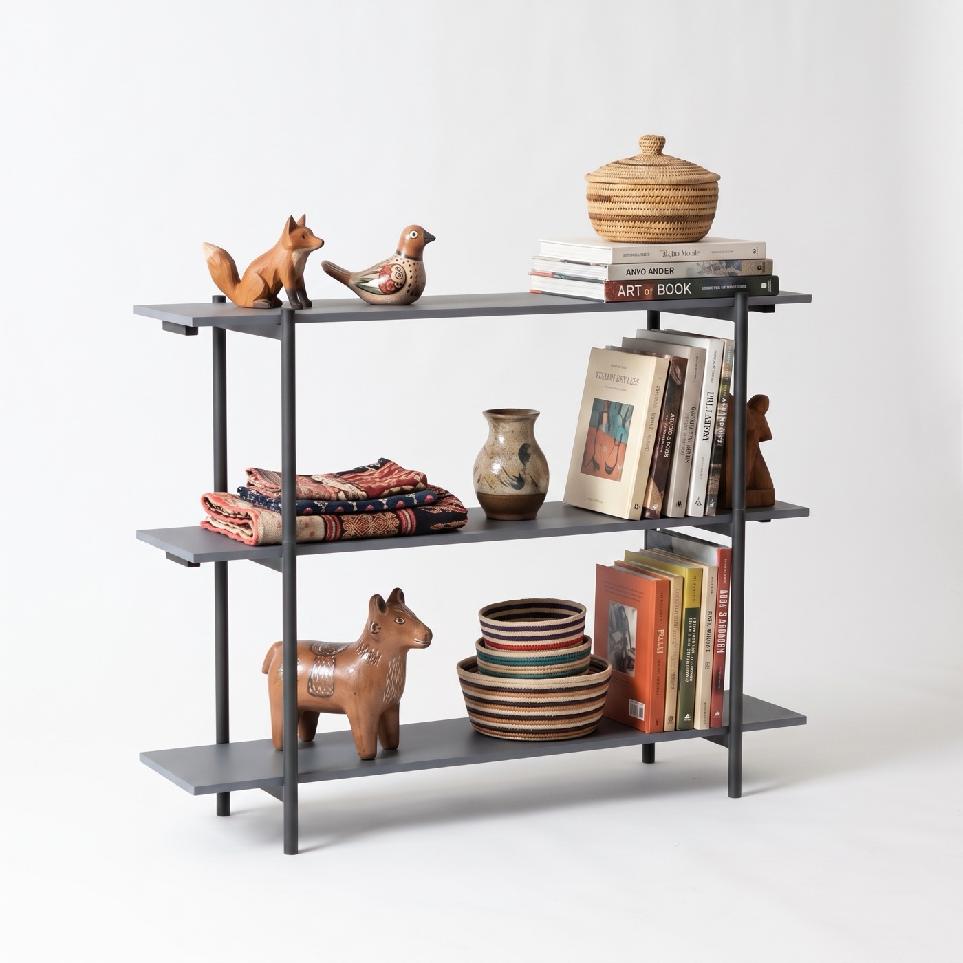 A three-tier shelf in charcoal steel with grey boards, holding a carved fox and bird, a lidded basket on a stack of books, folded woven cloth, a small vase, a carved wooden animal and a set of striped bowls.