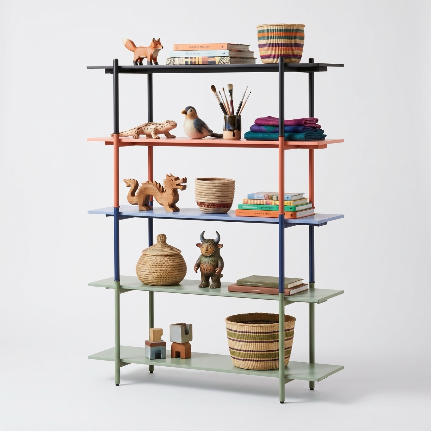 A five-tier shelf in Charcoal, Coral, Marine and Sage, holding baskets, books and carved wooden animals