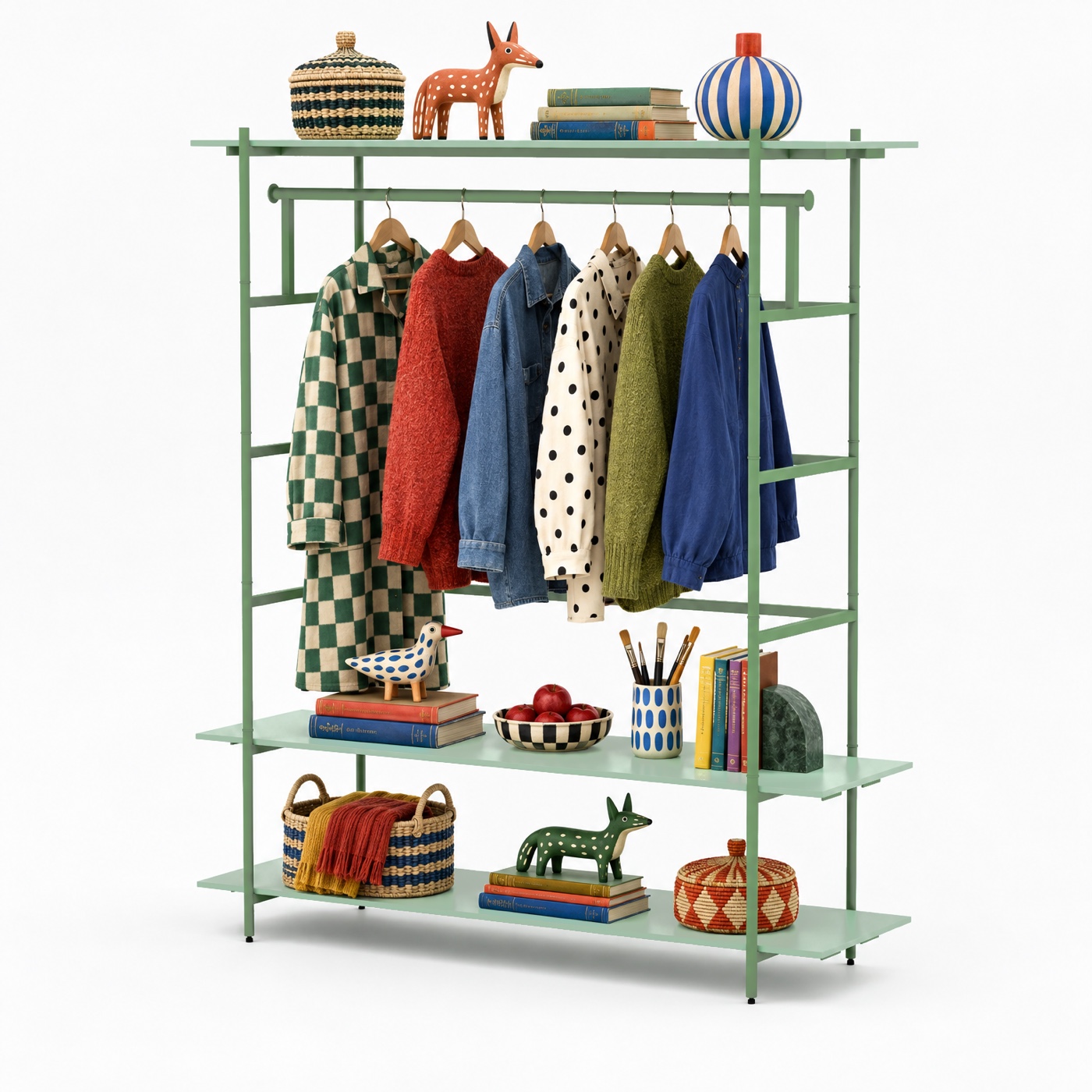 A wide sage frame with a coat, jumpers and shirts on the rail under the top shelf, and books, a bowl of apples and woven baskets on the two shelves below.