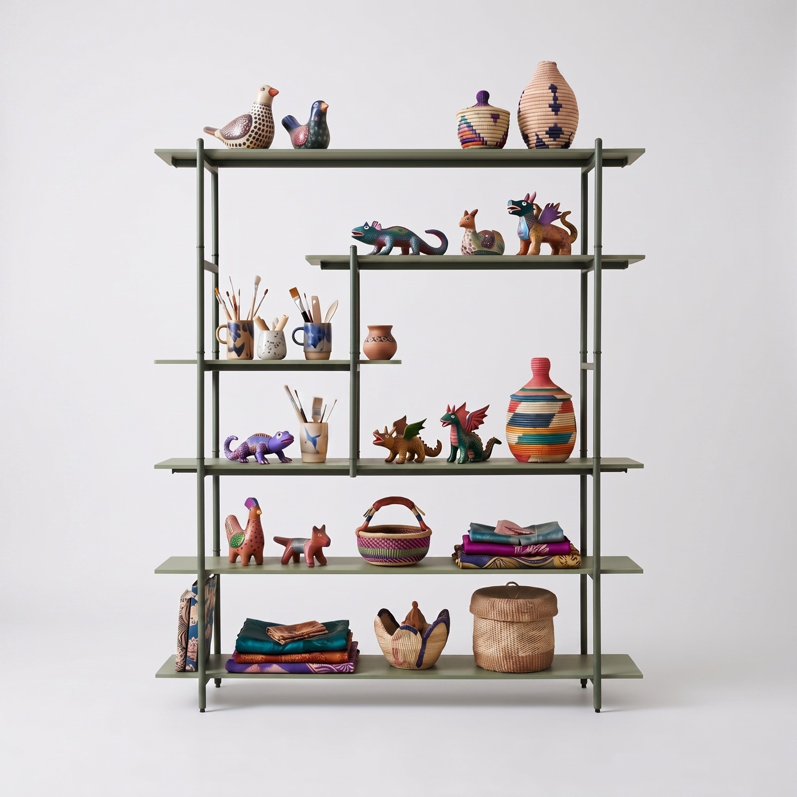 The Curator's Shelf in Sage: six tiers of leaf green steel and mint boards, holding baskets, mugs of brushes and painted clay animals.